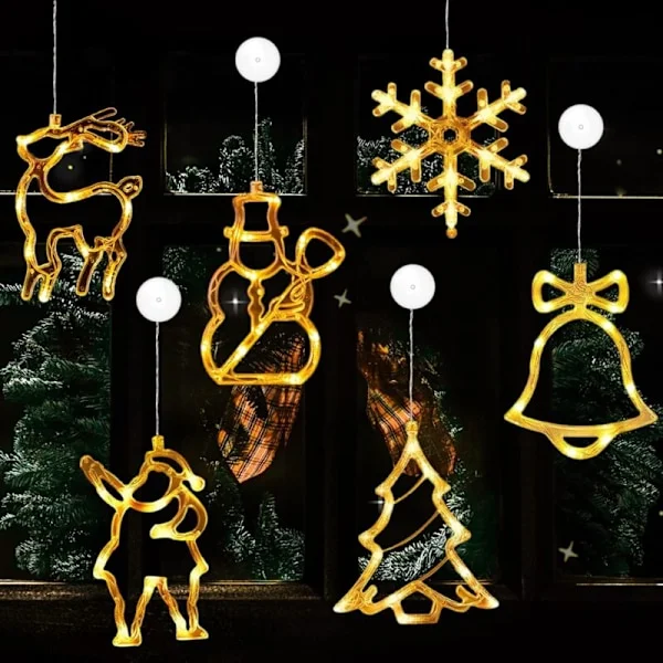 Julgransljus för fönster, 6 st LED-fönsterlampor med sugkopp, julgransljusdekoration, 3D-hängande julgransljus, LED-julgranshänge
