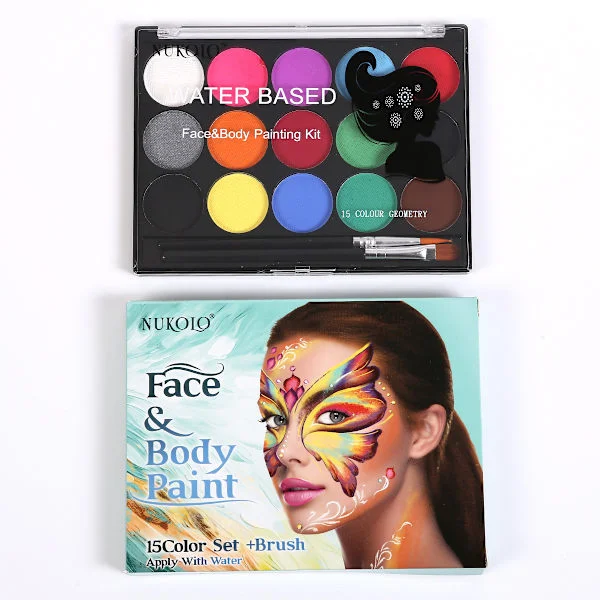 Face Painting Kit, 15 Colors Face Paint Palette with 2 Brushes, Washable Face Paints Safe Body Painting Compatible with Adults Children