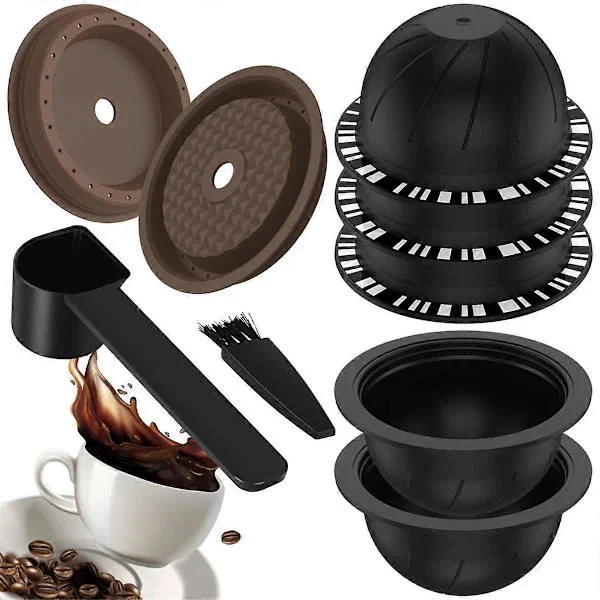 5 st Återanvändbara Vertuo-kapslar för Nespresso-maskin, kaffekapsel med 2 silikonlock, 1 sked och borste