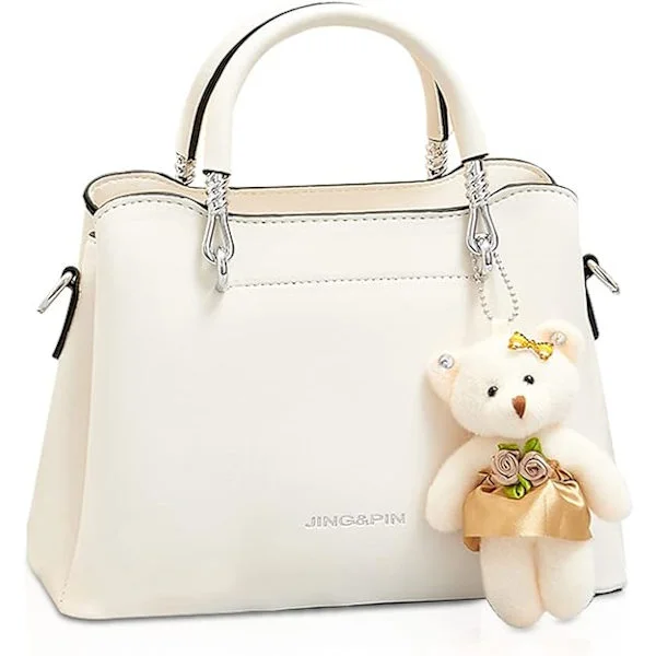 [RM]Women's Crossbody Fashion Top Handle Bags Ladies Shoulder Bags PU Leather Satchel Bag Girls Messenger Bags Handbags with Bear Pendant (Beige)