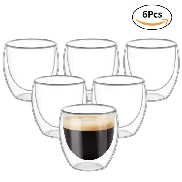 6 kpl Kaksiseinäiset Kupit Lasit Mukit, Kirkkaat Kaksiseinäiset Kahvikupit, Kaksiseinäiset, Cappuccino, Latte ja Eristetyt (250ml)