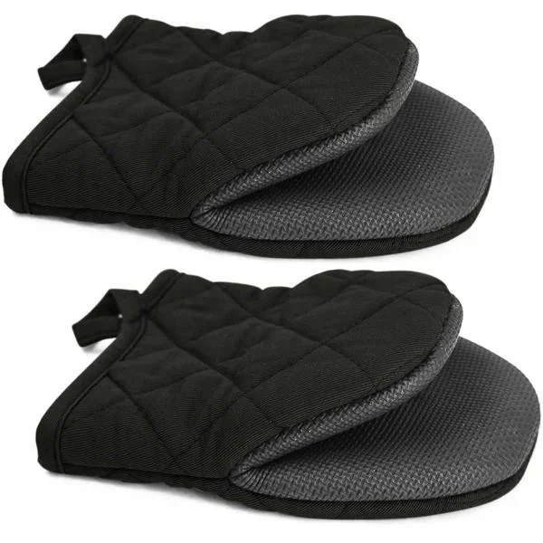 Mini Oven Mitts Microwave Mitts Potholders Heat Resistant Cotton Gloves Non-Slip Short Oven Gloves, Black 1 Pair