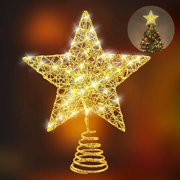 Golden Christmas Tree Star with LED Lights, 20 Lights on Top of Christmas Tree