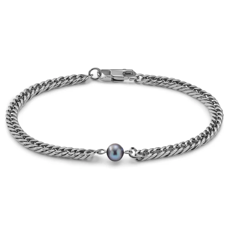 Ocata | Silver-Tone Cuban Chain & Black Pearl Bracelet for Men - Steel bracelets