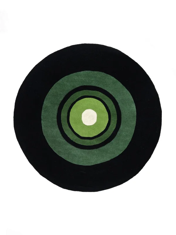 Wol Vloerkleed Stippen Schallplatte Handtufted Zwart/Groen Rond Klein Oeko-Tex