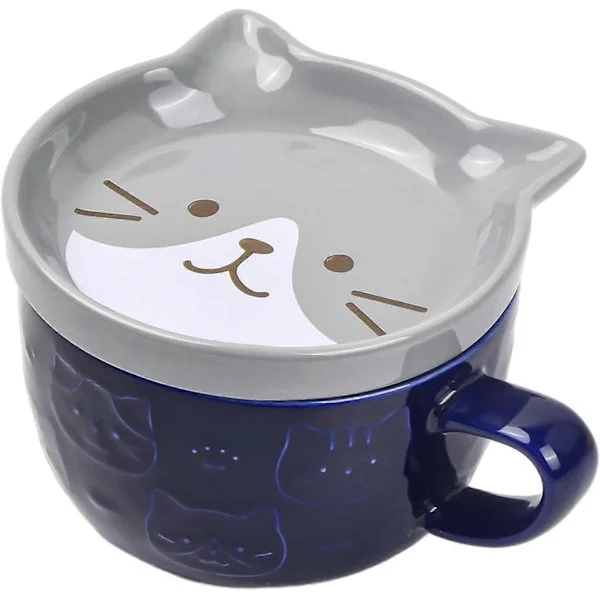 Porslinskaffekoppar med lock, mönstrade kaffemuggar, söt morgonkopp, tekoppar kaffemuggar inflyttningspresenter, (Grå katt)