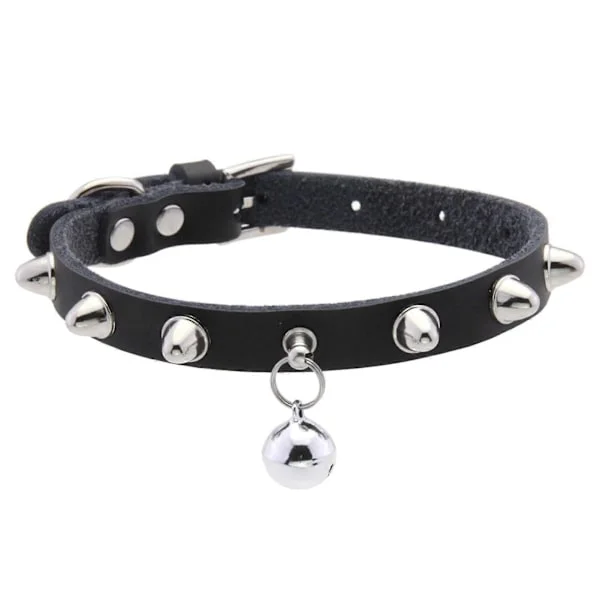 Halsbånd i lær til katt med bjelle - Justerbar naglet kjæledyrhalsrem for små hunder, punk-stil med D-ring i legering for båndkontroll og sporing