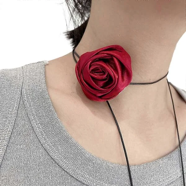 Vintage Silk Rose Flower Choker Halsband Smycken Kvinnor Nyckelbenskedja Halsband Temperament Lång Snörningshalskedja vinröd 25-26s