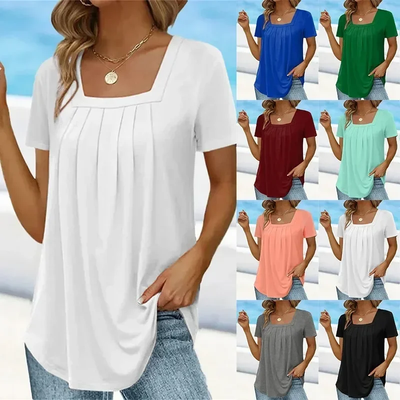 AliExpress - T-shirt plissé à col carré pour femmes, t-shirts d'été élégants, t-shirts à manches courtes, mode décontractée, col carré, vêtements pour