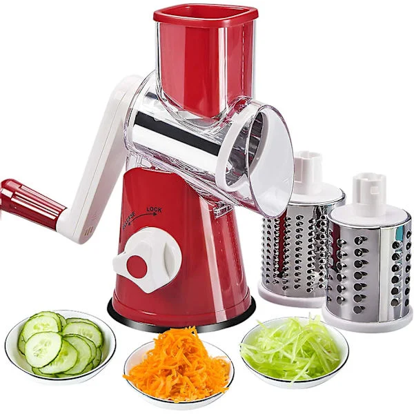 Handhållna roterande skärare för grönsaker Ost Rivjärn Strimlingsmaskin Veggie Mandolin Slicer Chopper 2 Rostfria runda rivjärn Bpa-fri (röd)