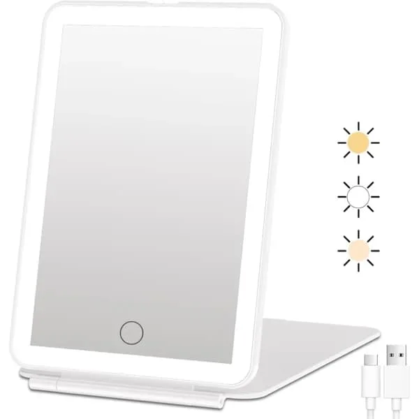 Rechargeable Makeup Mirror for Travel, Portable Lighted Makeup Mirror, 3 Color Modes, Dimmable Touch Screen, LED Cosmetic Mirror for Table
