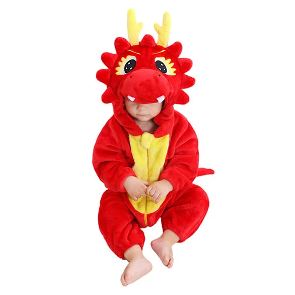 【BQ】Red Dragons Warm Hooded One-Piece Pajamas Comfortable Thermal Sleepwear for Kids Boy Girl