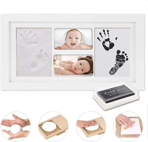MAGNIFIK BABY FODAFTRYK OG HÅNDAFTRYK SÆT, baby minde hvid dekorativ ramme Ikke-giftig blæk, Trædekoration Sikkert akrylglas, Fantastisk gave
