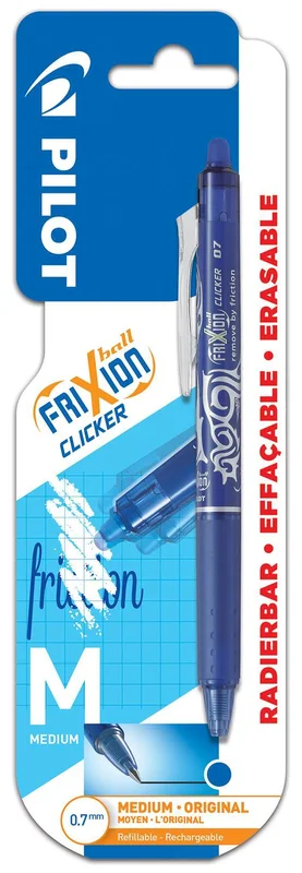 Pilot FriXion Ball Clicker Pen Kan slettes, 0,7 mm Blå, Kontorartikler