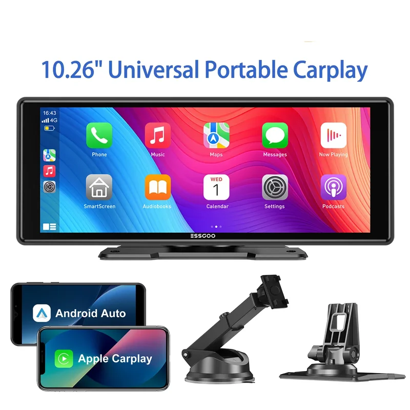 AliExpress - ESSGOO 10,26 Zoll Universelle Tragbare Dashcam Kabelloses CarPlay Android Auto 1600*600 HD-Display GPS-Navigation Mirror Link FM USB BT 