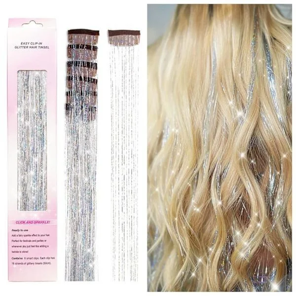 Clip in Hair Tinsel Kit, Pakke med 6 stk Glitter Fairy Tinsel Hair Extensions 20 tommer skinnende Hair Tinsel Varmebestandig (Sølv)