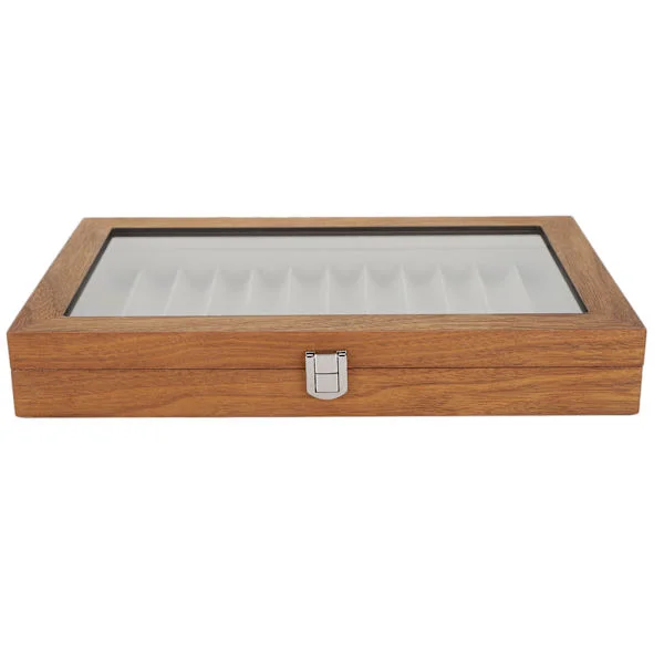 Pen Display Box Valnøddetræ Pen Organizer Elegant og Retro Pen Samling Opbevaringsboks med Buede Slots til Sikker Opbevaring, Klart Glasvindue Pen