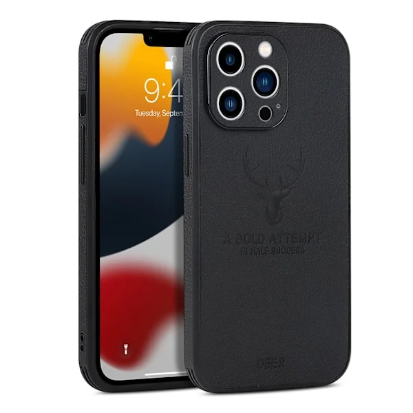 Etui til iPhone 15 Pro Max 6.7 svart elgskinn rett kant skinn
