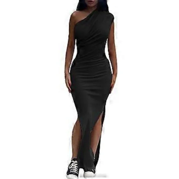 [RM]Long Dress with Slit, One Shoulder, Off Shoulder, New Prom Dress Women, Vintage Fashion 2023, Party, Holiday Clothes, Skirt Black L(L Black)