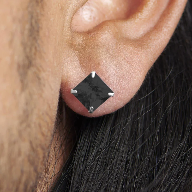 Lucid | 925 Sterling Silver 8mm Black Square Zirconia Stud Earring for Men - Stud earrings
