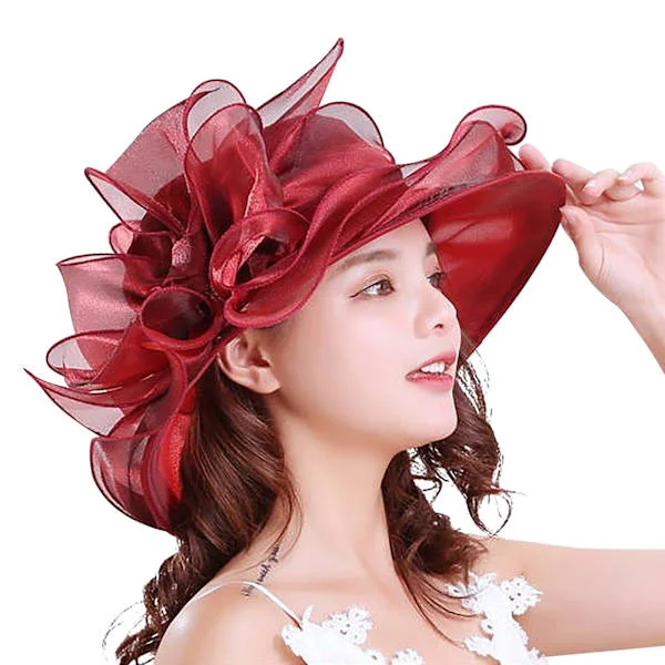 Dam solhatt bred brätte bröllop hatt damer vintage topphatt fascinatorer mössa elegant organza hatt retro kväll fest hatt sommar