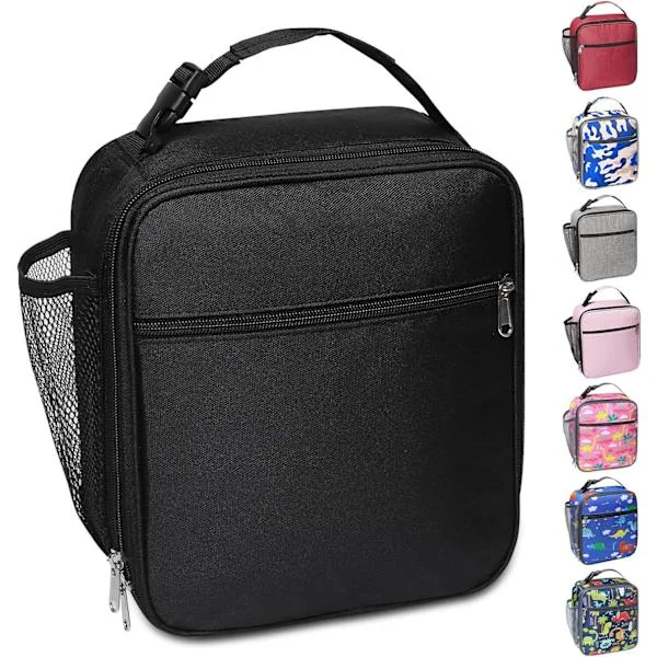 Portable Insulated Lunch Bag with Mesh Side Pocket, Waterproof Leakproof Soft Cooler Bag Durable Thermal Lunch Box (Black)