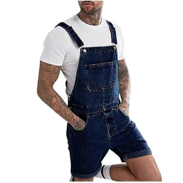 Herr Casual Mode Denim Shorts Enfärgad Bröstficka Trasiga Raka Hängselbyxor 2XL Mörkblå