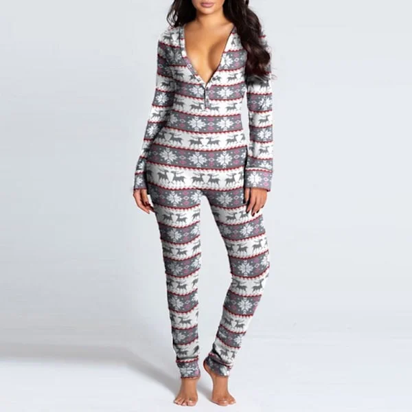 Dame Pyjamas Jumpsuit Hel Dress Trykk Julepyjamas Langermet Nattøy Grå