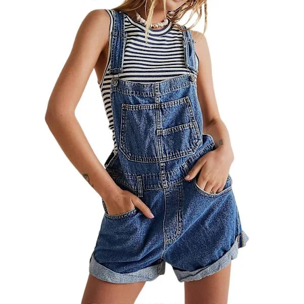 Kvinder Denim Shorts Overalls Sommer Casual Løs Pasform Justerbare Rompers Jean Jumpsuit Bib Shortalls Mørkeblå XL