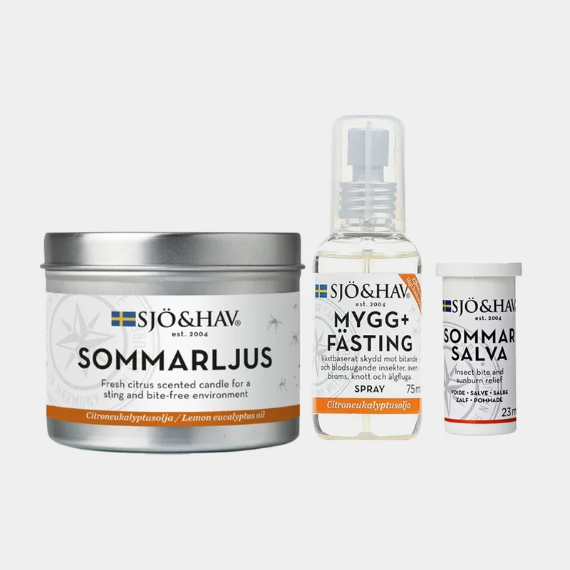 Store myggepakke Myg- & flåtmiddel Sjö & Hav Myg + Flåt, spray, 75 ml + Salve mod bid / After Bite Sjö & Hav Sommarsalve, 23 ml + Myggelys / duftlys 