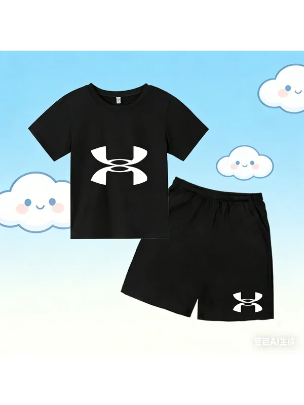 AliExpress - T-shirt et short de sport à manches courtes pour enfants avec logo imprimé - Ensemble de vêtements de sport élégants pour enfants en 2 