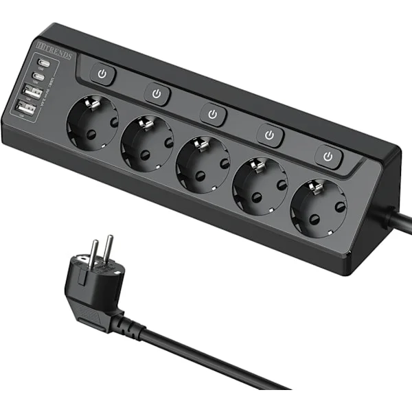 Hörnuttag med 2 USB A- och 2 Type C-portar, 5 uttag med individuell strömbrytare, 4 USB-grenuttag med 2 m förlängningskabel för skrivbord, hörn, svart