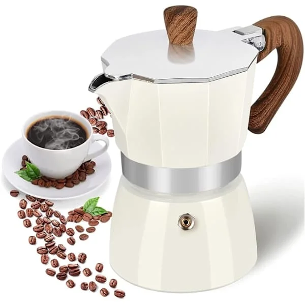 Mokkapannu espressokeitin, ensiluokkainen alumiininen liesitasokahvinkeitin viileällä kahvalla, kotiin ja retkeilyyn, 3 kuppia 150 ml valkoinen