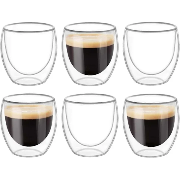 6 kpl Kaksiseinäiset kupit lasit mukit, kirkkaat kaksiseinäiset kahvikupit, kaksiseinäiset, cappuccino, latte ja eristetyt (80 ml)