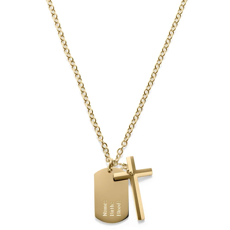 Collar de acero dorado con cruz y placa de identificación elegante para hombres - Collares acero