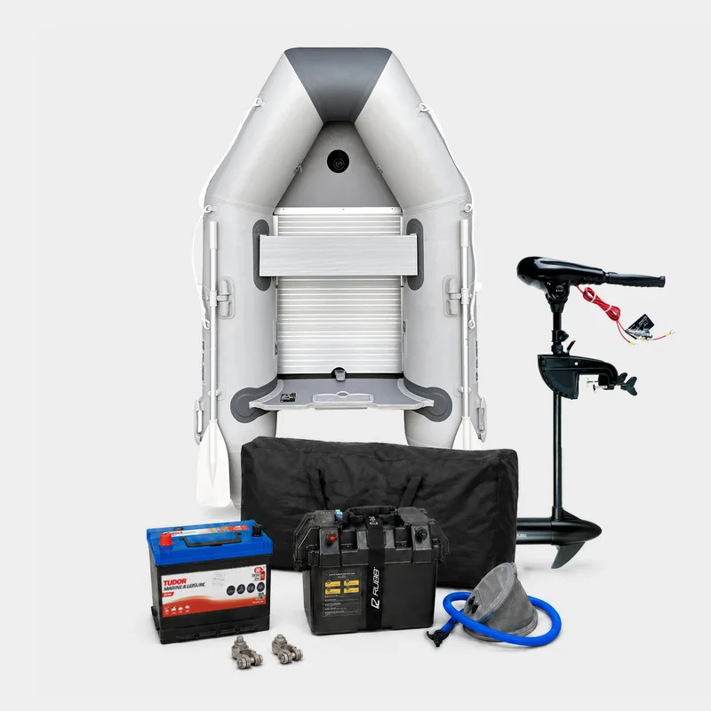 Gummibåt / gummijolle med elmotor RUBB 230 Pro, aluminiumdurk, grå + RUBB X 36, 348 W, 71 cm justerbar rigglängd + batteri (80 Ah) + batterilåda + kab
