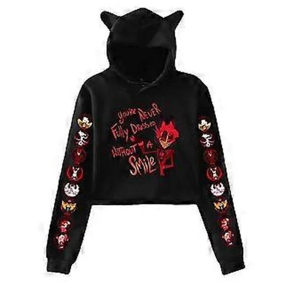 Korta Hættetrøjer Dame Hazbin Hotel Dame Sweatshirt Træningsdragt Langærmet Kvindelig Cropped Top Mode Koreansk Tøj Harajuku(M sort)