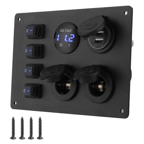 Vanntett 4-veis vippebryterpanel med dobbel USB-port, spenningsdisplay og 12V-uttak for bil, båt, RV