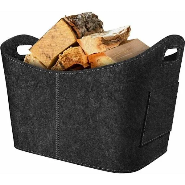 Vedkurv, Filt Vedkurv, Sammenleggbar Filt Vedkurv, Peis Vedveske for Ved, Aviser, Ved, 53x30x40cm, Mørkegrå