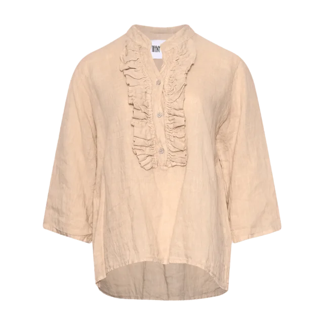 Tiffany Harper, Ruffle Blouse, Linen - Soft Grey Blusar Dam Beige L-XL