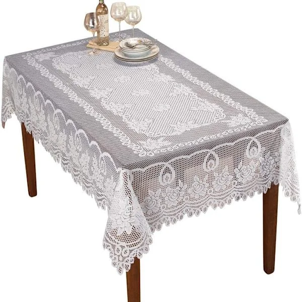 Heklet hvite blonder duker - Vaskbar polyester jacquard duk for bryllupsfest, restaurant, bankett, piknik (hvit, 152 x 228 cm)