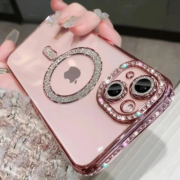 Kristall Diamant Klar Skal för iPhone 17 16 15 14 13 12 11 Pro Max Plus Bling Slät Magsafe Magnetisk Trådlös Laddningsskydd