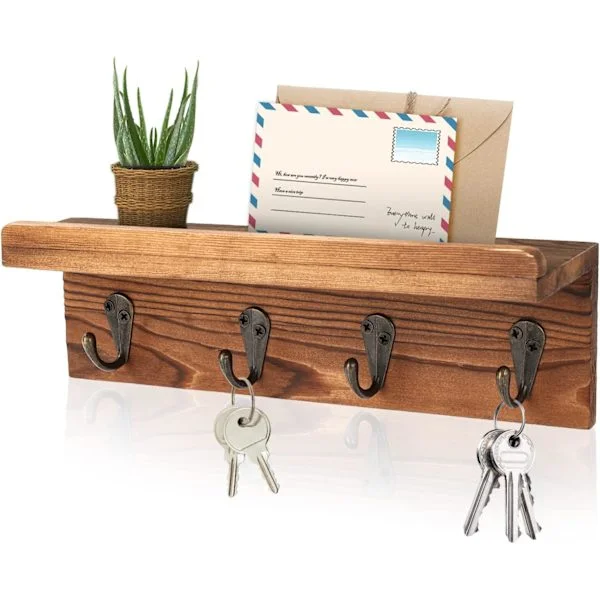 Rustic Key Holder for Wall, Country Wall Shelf with 4 Hooks, Wall Mounted Key Holders, Wooden Mail Organizer with Hooks for Entryway