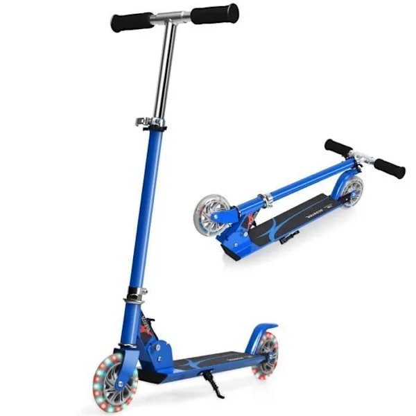 Fällbar Sparkcykel Barn 4 till 13 År COSTWAY - 2 Hjul PU LED Blinkande - 3 Justerbara Höjder - Belastning 70kg - i Aluminium - Blå