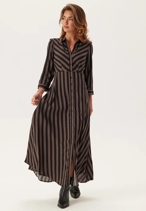 YAS - Yassavanna Long Shirt Dress - Chocolate Brown Stripes:BLACK