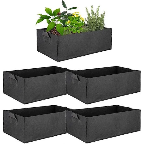 Upphöjd odlingsbädd i tyg, 5-pack, fyrkantig odlingspåse för trädgårdsblommor, rektangulär odlingspåse, slitstarka fiberdukskrukor, luftningskrukor 