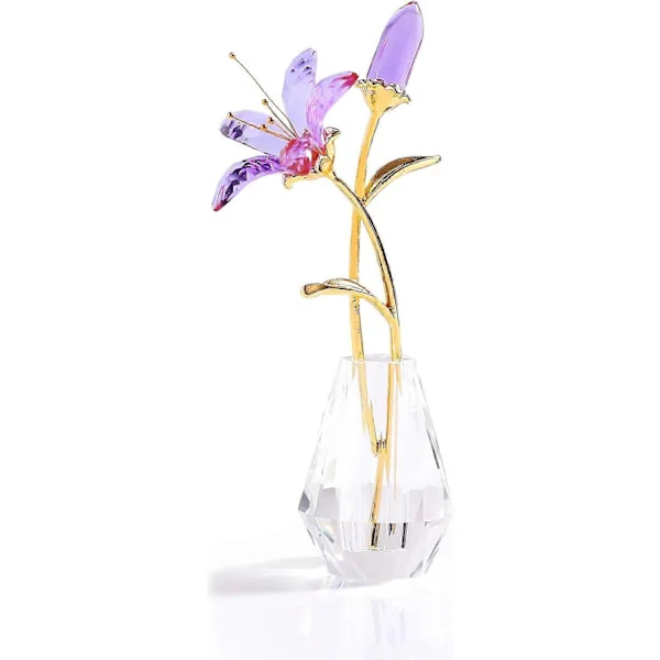 Crystal Flower Figurine Lily Flower Collectible Gifts for Women, Glass Lilium with Crystal Vase Metal Stem for Home Wedding Party Decor Purple