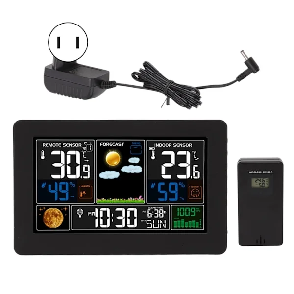 (SC)Large Color Screen Weather Clock Multifunctional Indoor Outdoor Temperature Humidity Pressure Gauge US Plug 100 240V