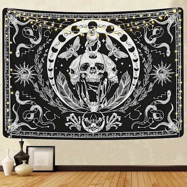 Annen veggdekor 150x130cm Svart og hvit hodeskalle veggteppe Slange veggteppe Møll veggteppe Trippy skjelett veggteppe Mandala veggteppe Månens faser 