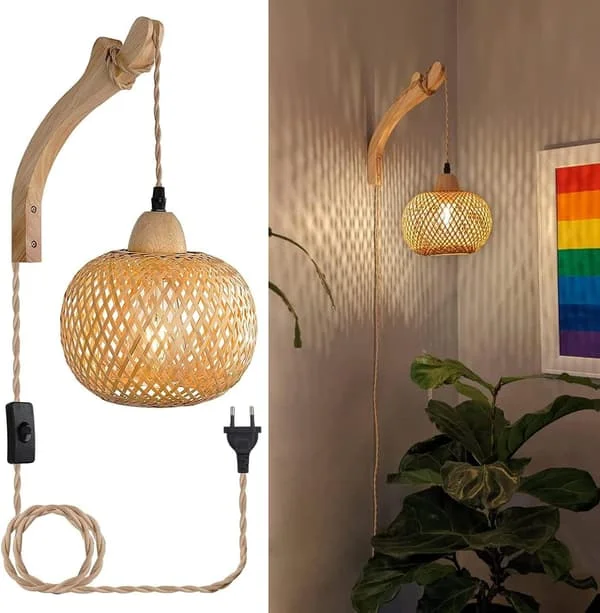 Vintage vägglampa i trä med sockel och strömbrytare, E27 retro bambulykta, sänglampa i rotting (ingen glödlampa) [Energiklass F] (F2)